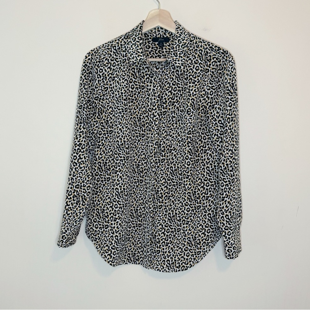 J. Crew Silk Button-up Shirt in Leopard Print Collared Long Sleeve Blouse Size 2